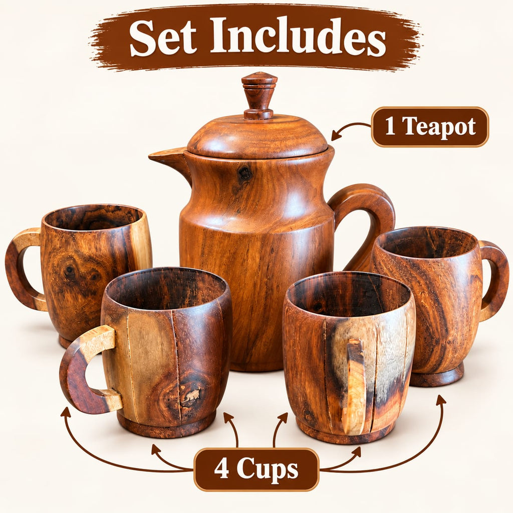 Wooden drink serving set with pitcher and four cups