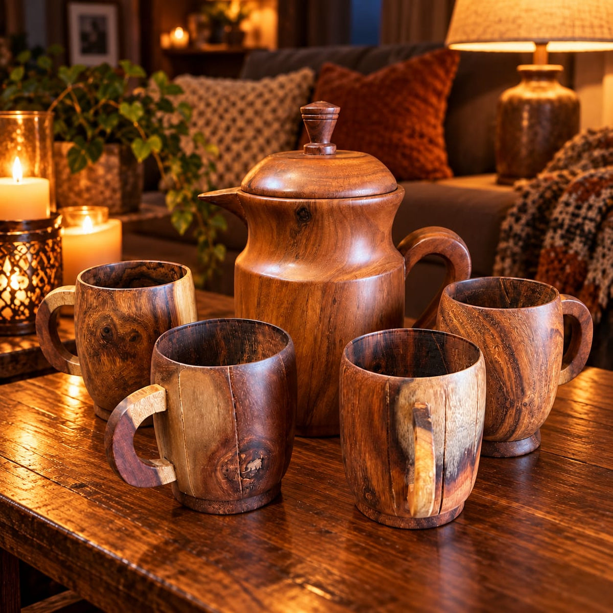 Handcrafted wooden jug and matching drinking cup set