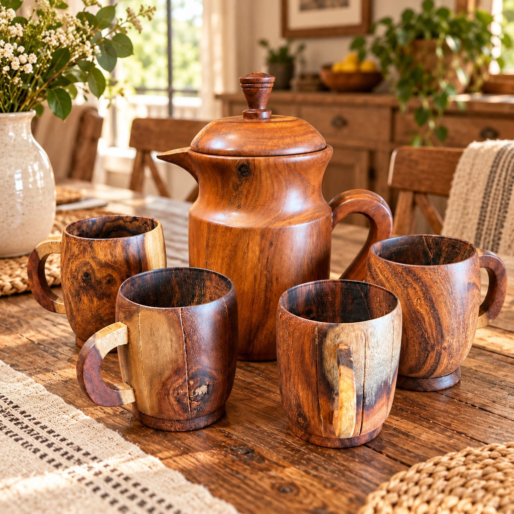 Wooden pitcher set with four cups for table serving