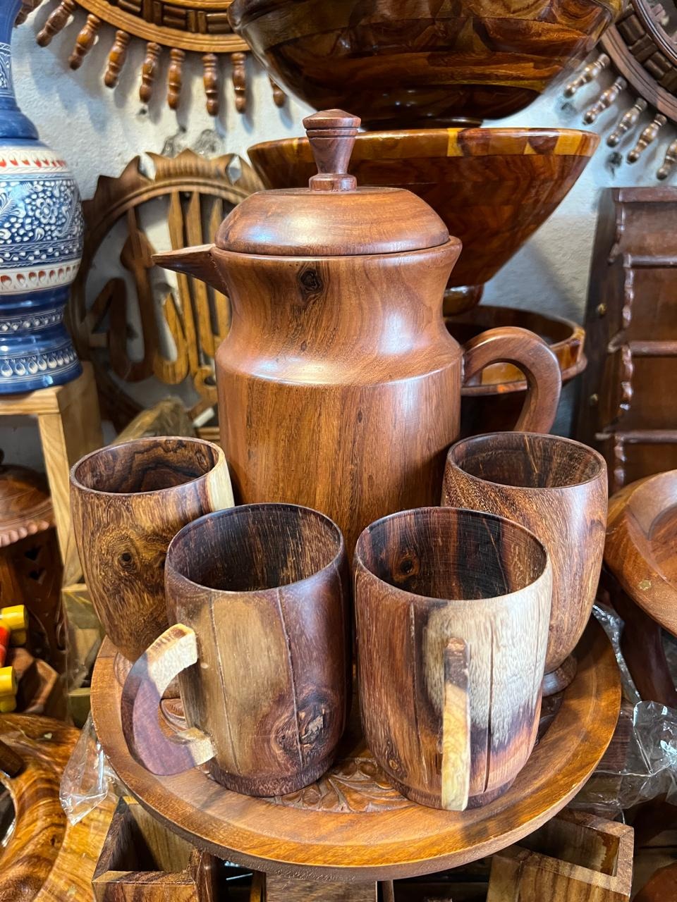 Handcrafted wooden jug set with 4 matching cups