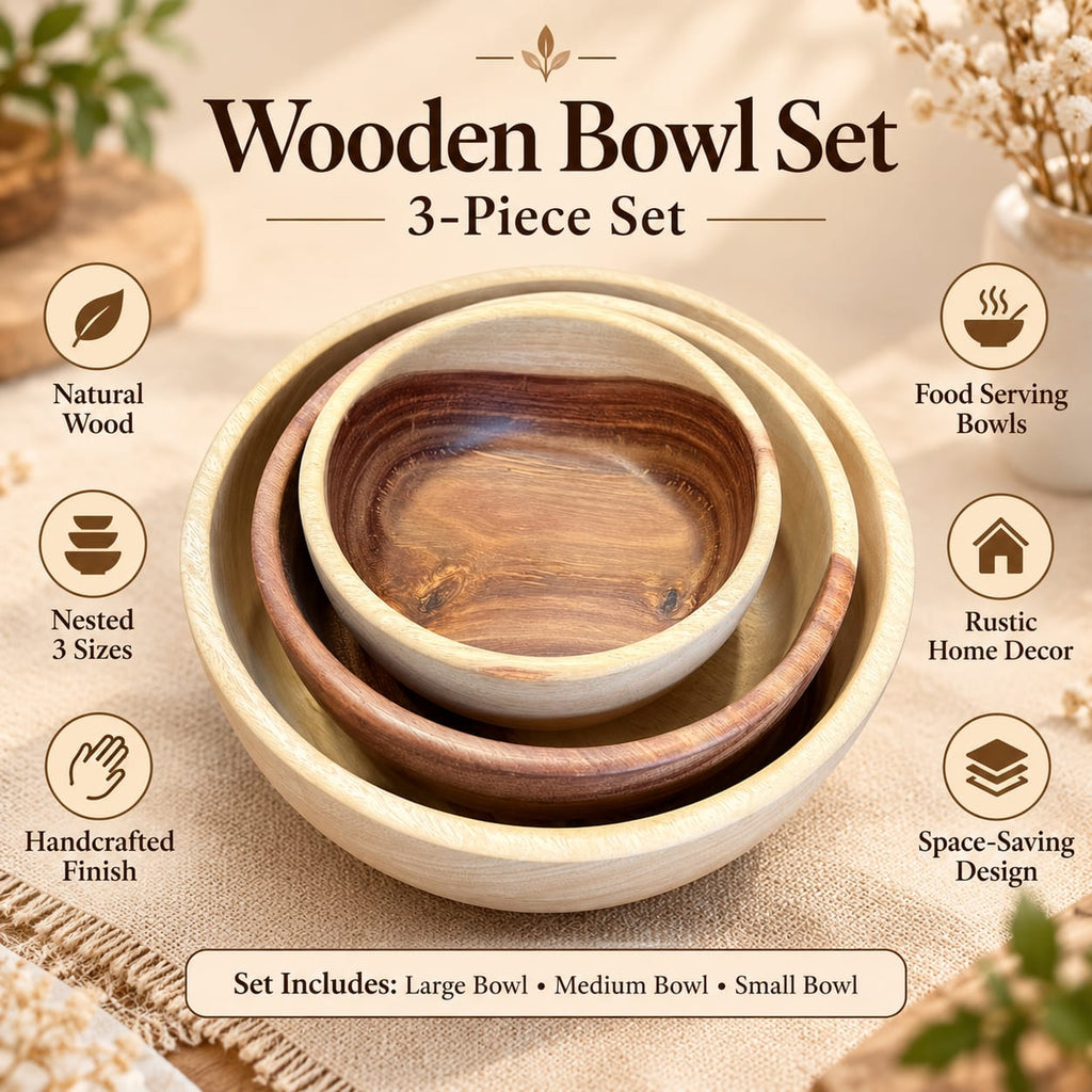 Handcrafted wooden bowl set for snacks and fruit