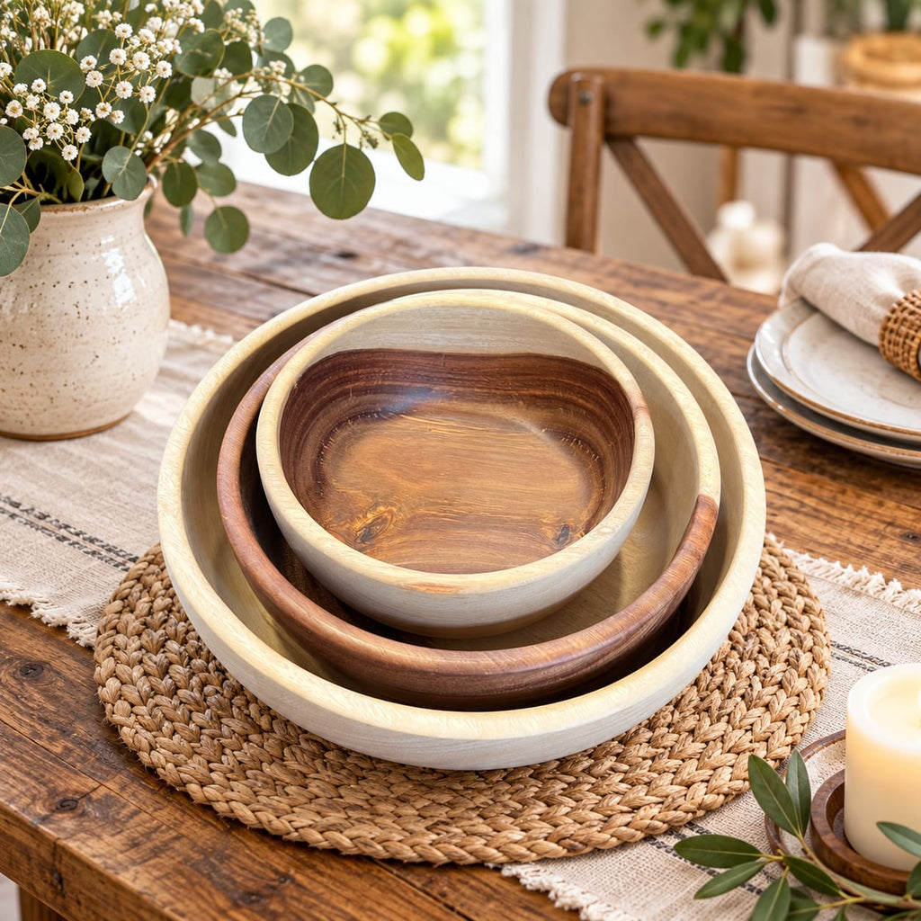 Three-piece wooden bowl set with nesting design