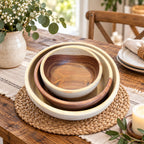 Three-piece wooden bowl set with nesting design