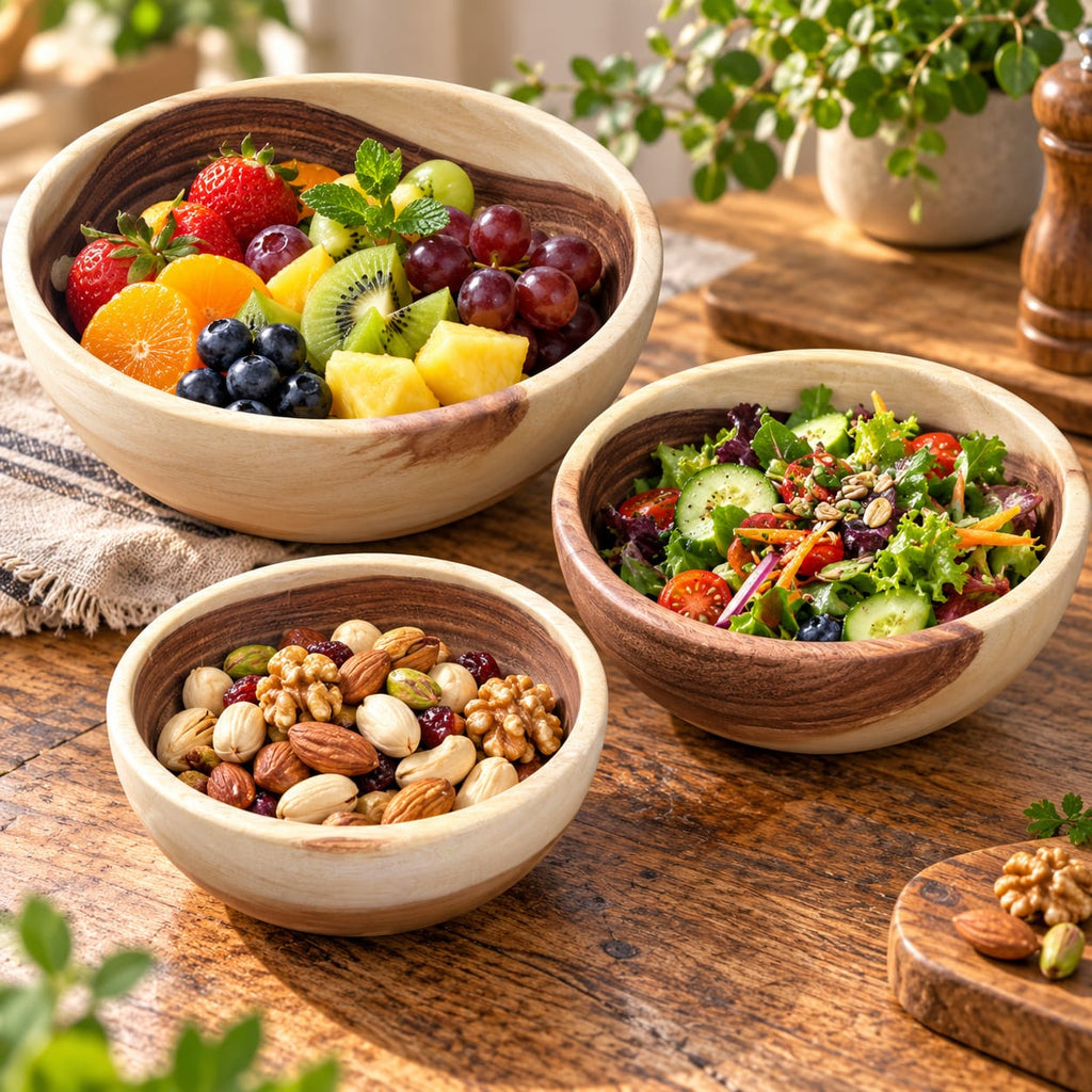 Handcrafted wooden nesting bowl set with 3 bowls