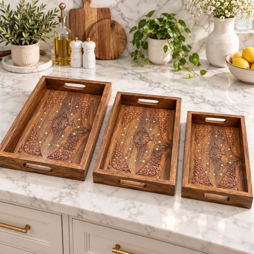 Decorative wooden serving tray for tea and coffee service