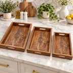 Decorative wooden serving tray for tea and coffee service