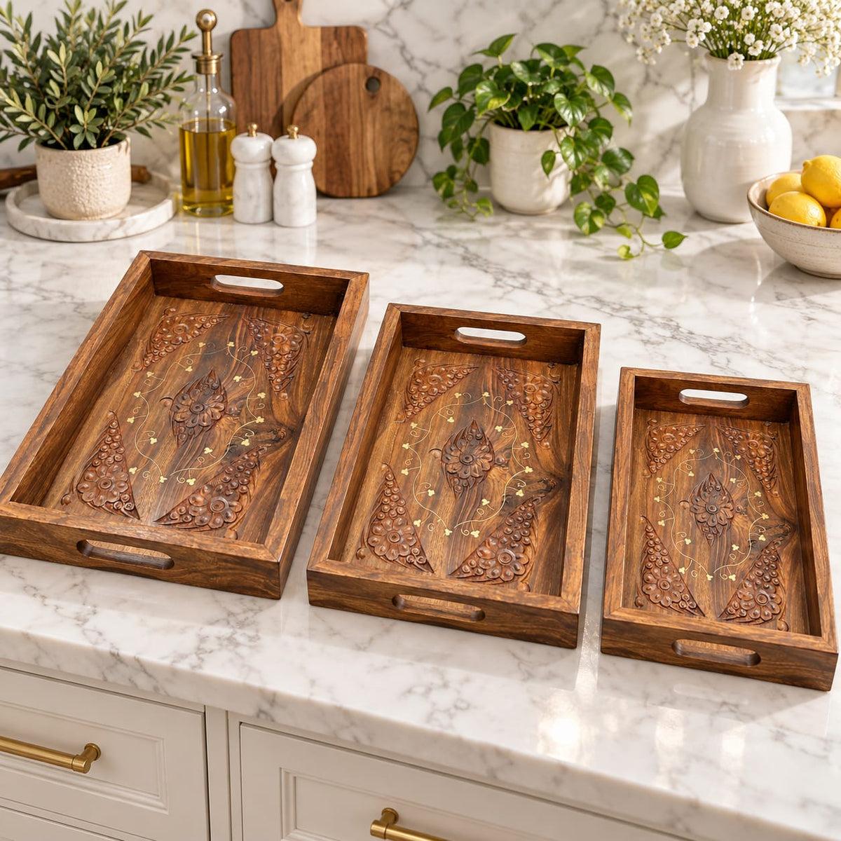 Decorative wooden serving tray for tea and coffee service