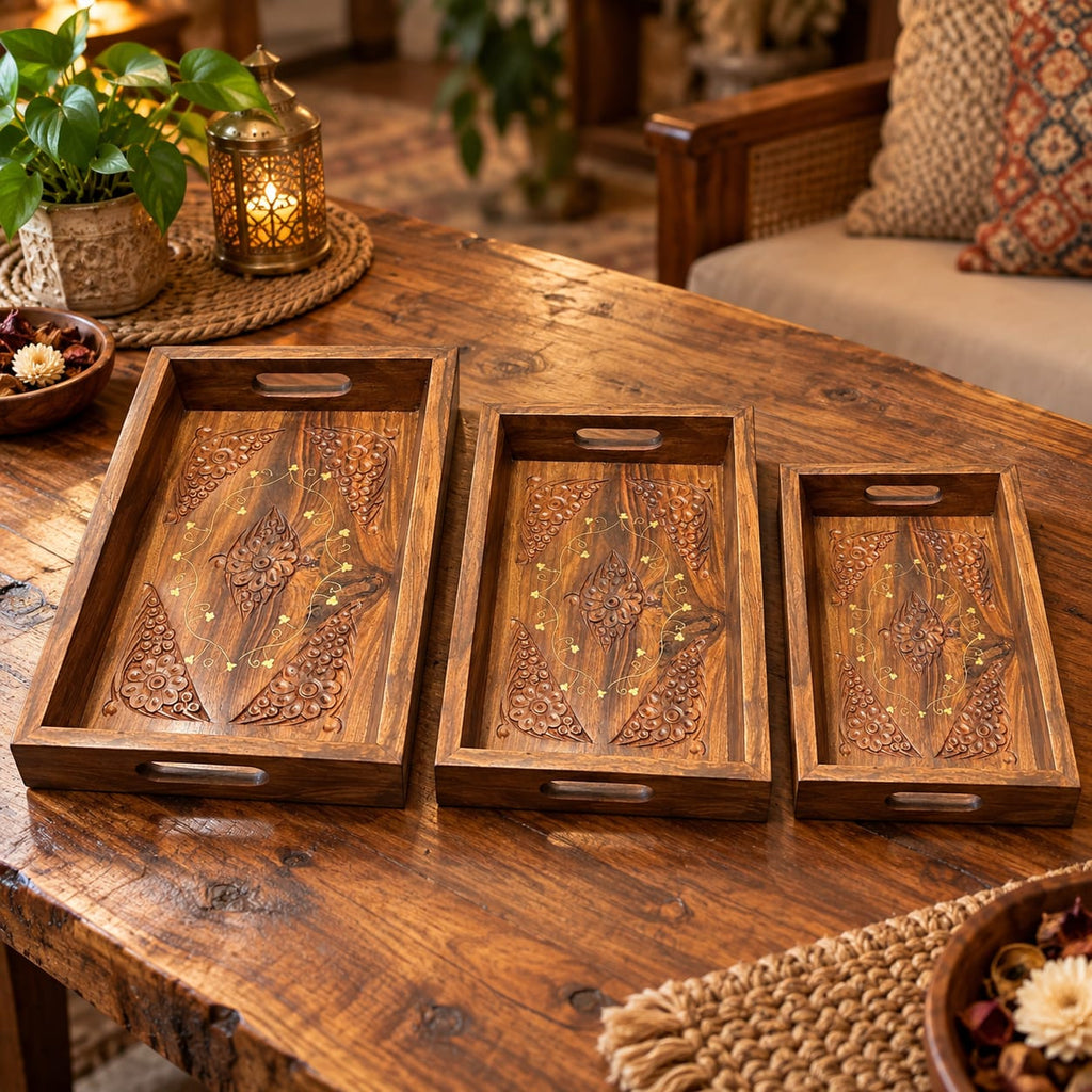 Three piece nesting wooden serving tray set