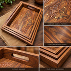 Carved wooden serving trays in large medium and small sizes