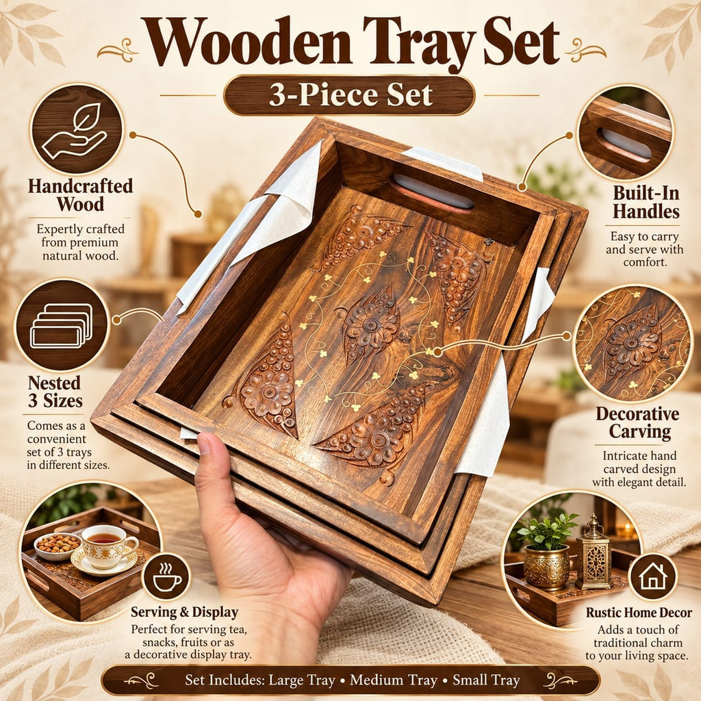 Wooden tray set with cutout handles and carved detailing