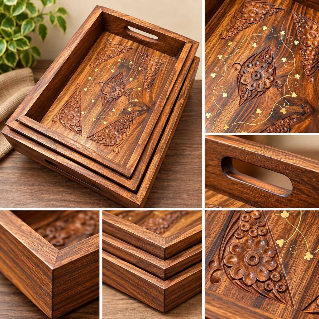 Handcrafted pure wooden serving tray set of 3