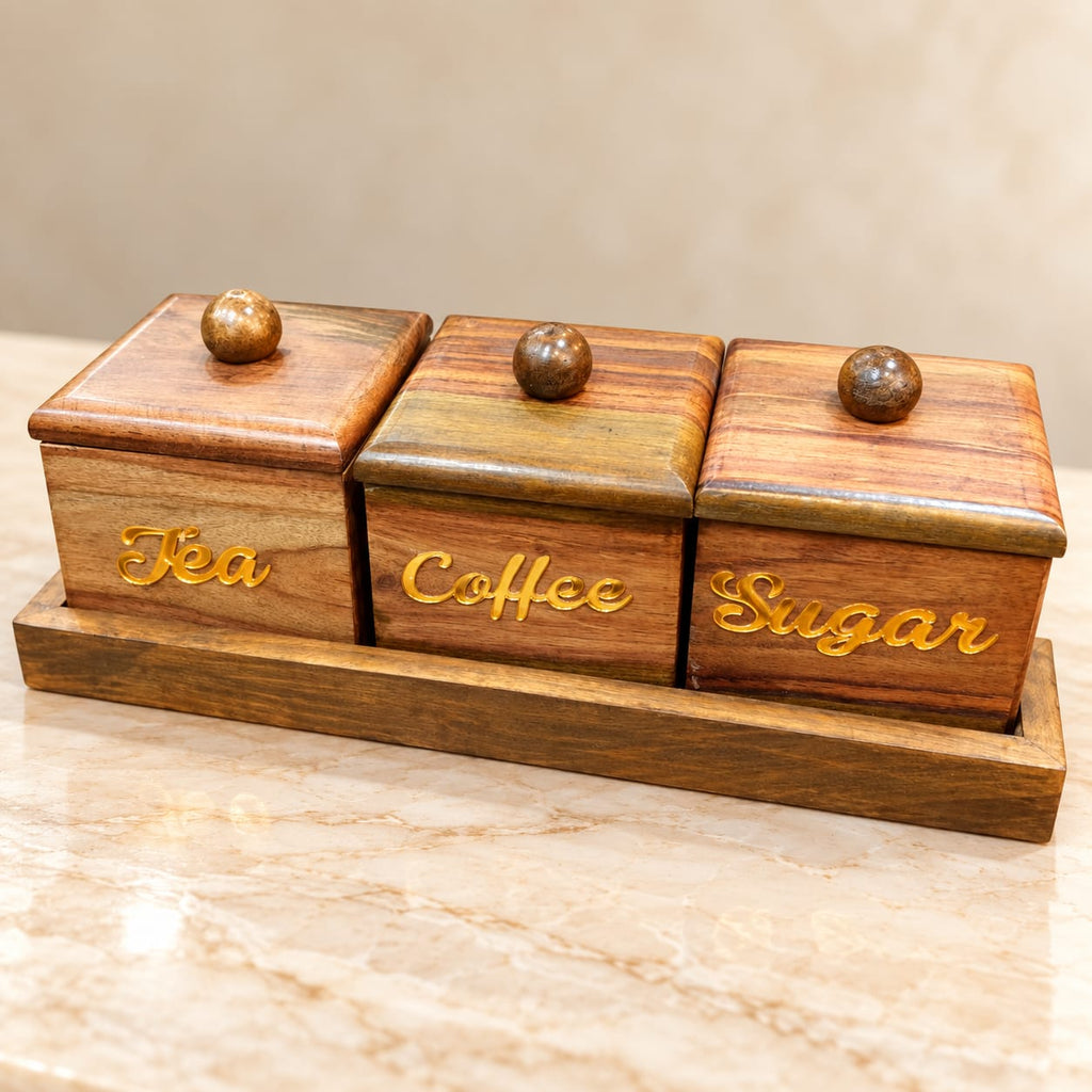 Natural wood kitchen canister set for tea coffee and sugar
