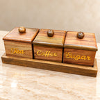 Natural wood kitchen canister set for tea coffee and sugar