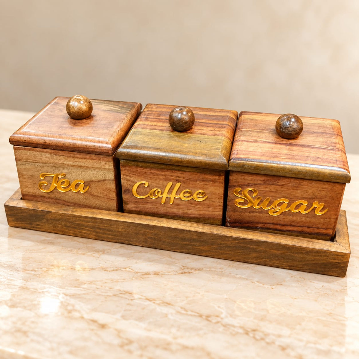 Natural wood kitchen canister set for tea coffee and sugar