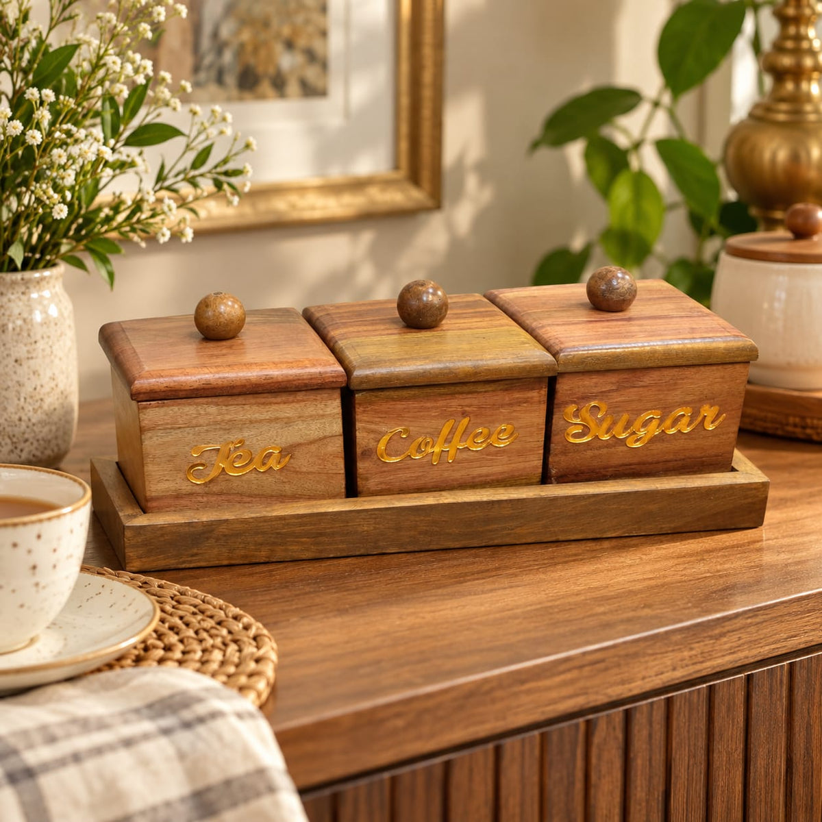 Tea coffee sugar wooden containers with matching lids