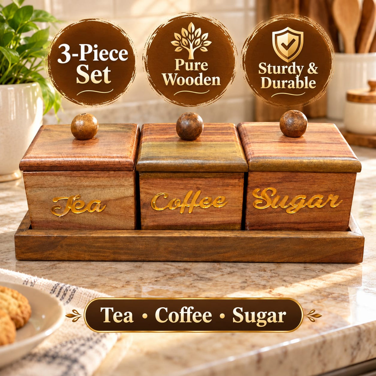Wooden tea coffee sugar storage jars for kitchen countertop