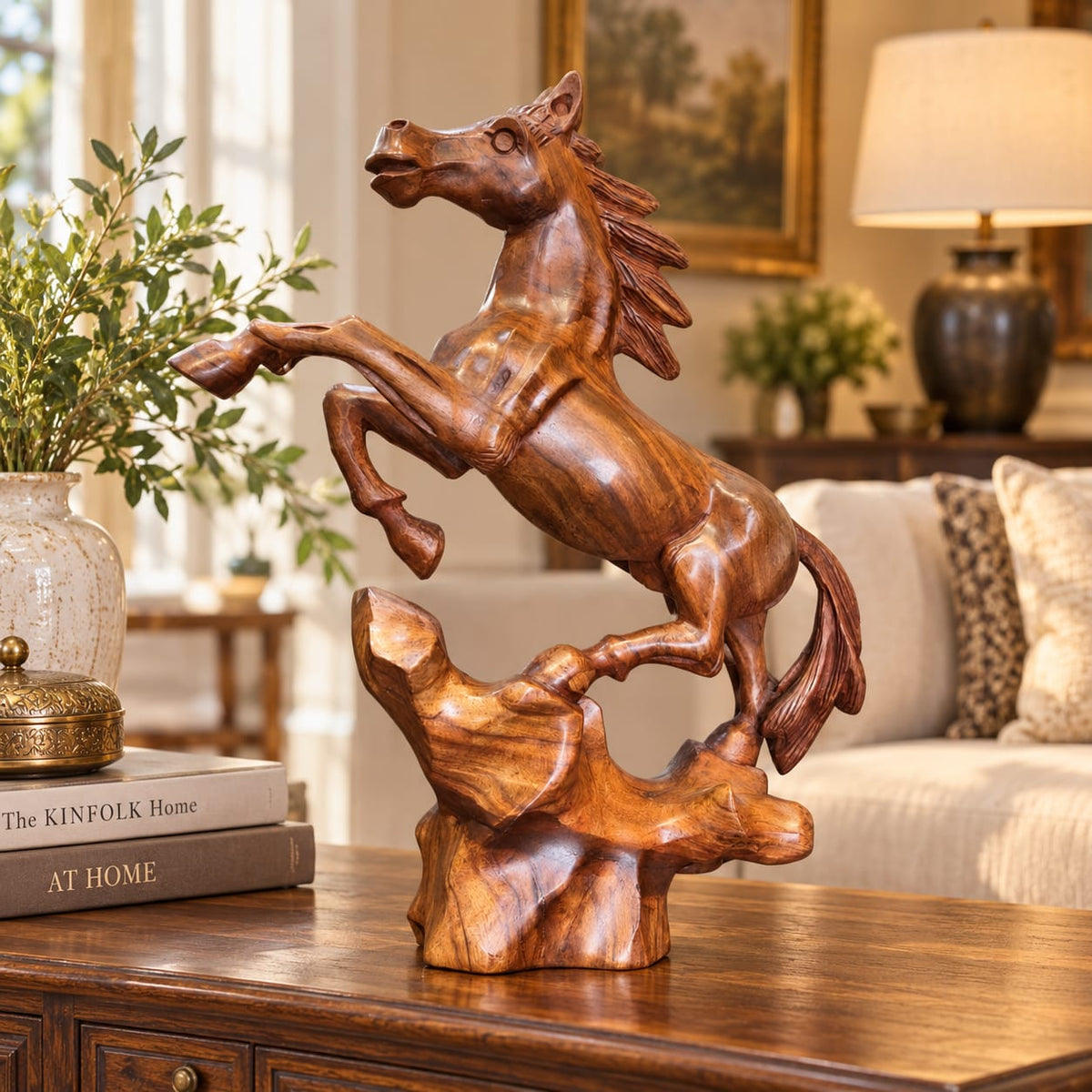 Close view of handcrafted wooden horse statue and carved equestrian details