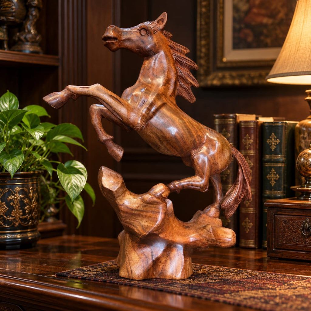 Handcrafted wooden horse sculpture with warm natural wood grain
