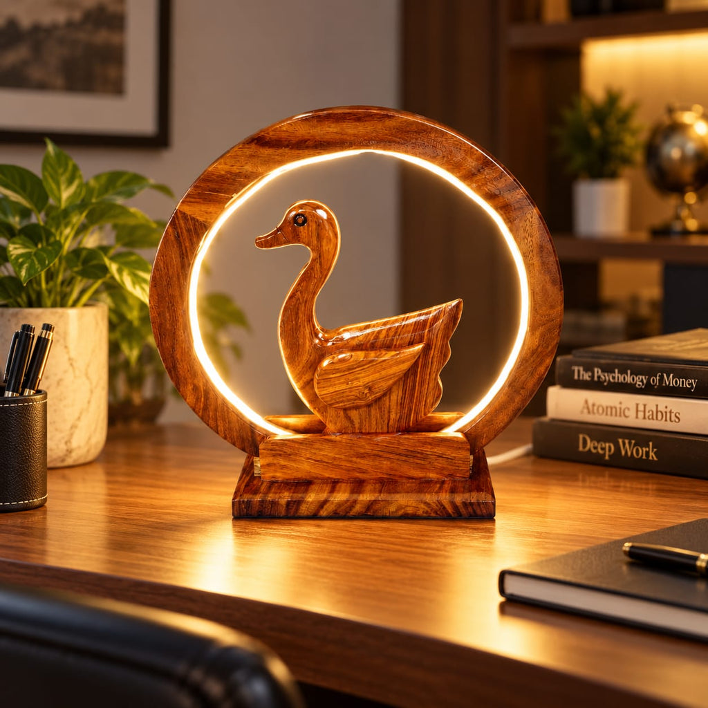 Wooden duck table lamp with sculptural animal design