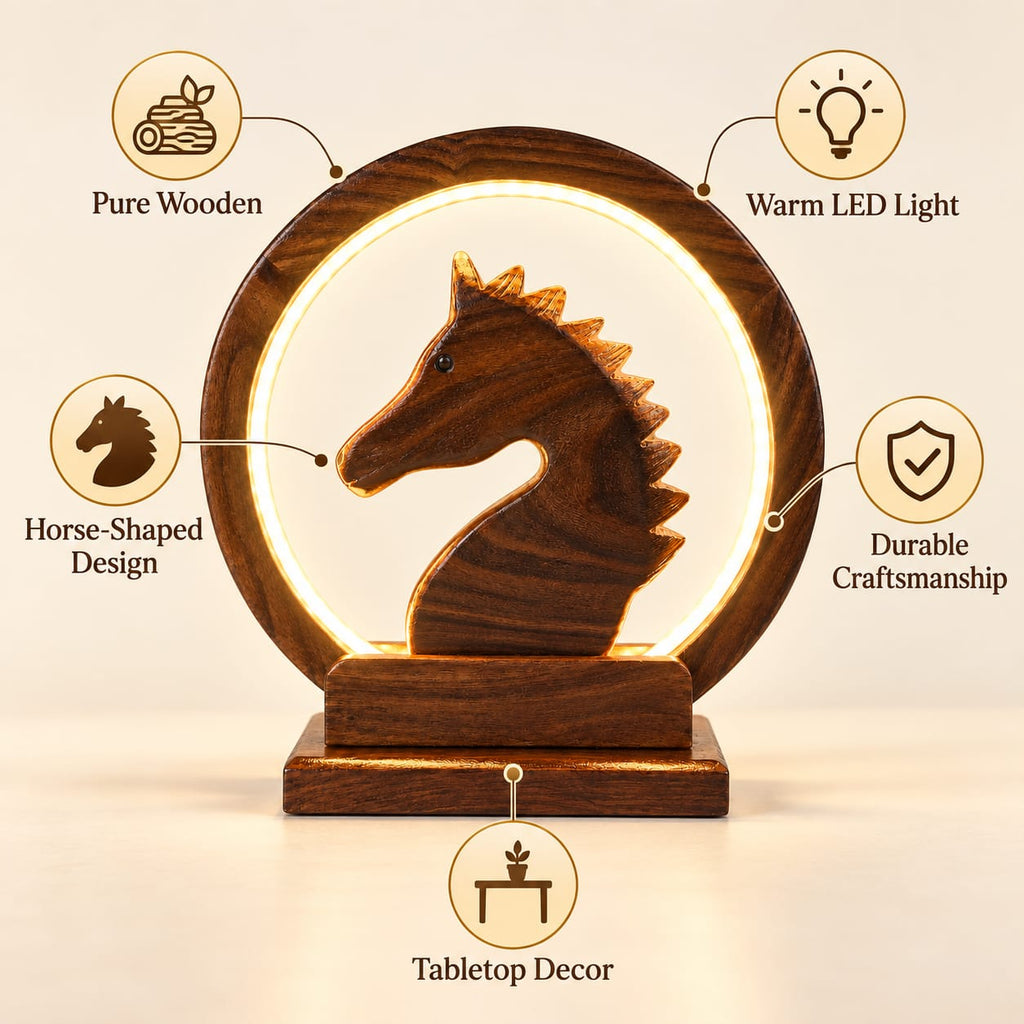 Wooden horse decor lamp with sculptural illuminated design