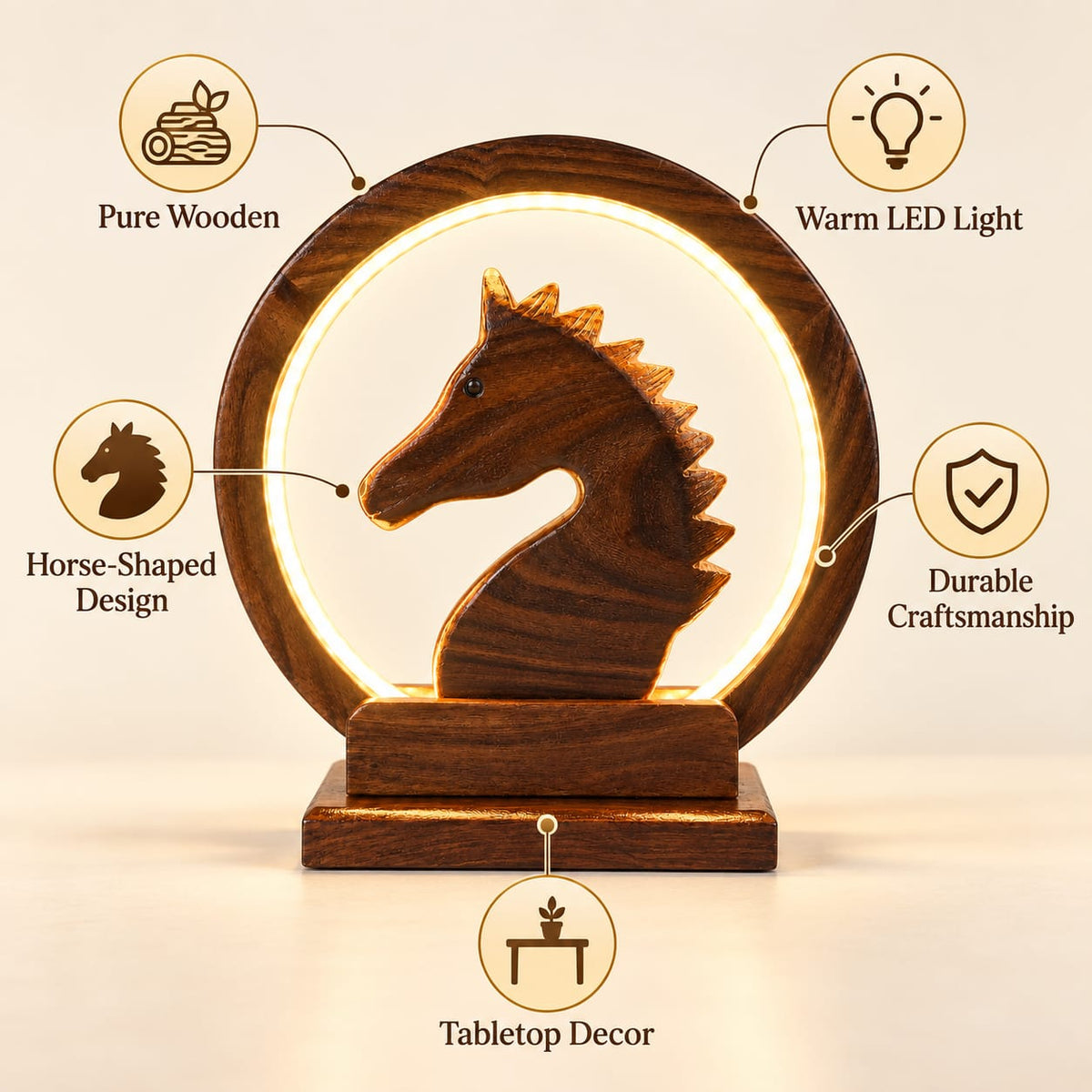 Wooden horse decor lamp with sculptural illuminated design