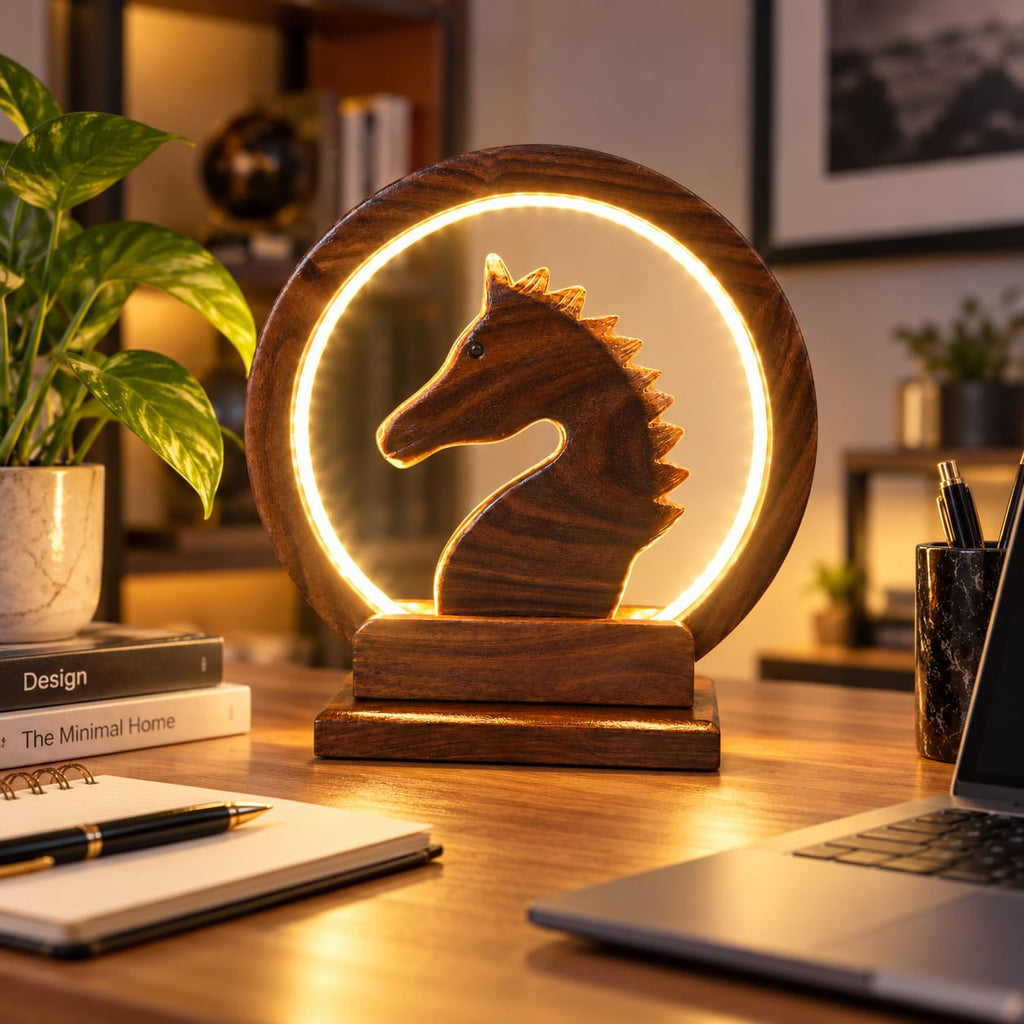 Wooden equestrian lamp with natural wood grain