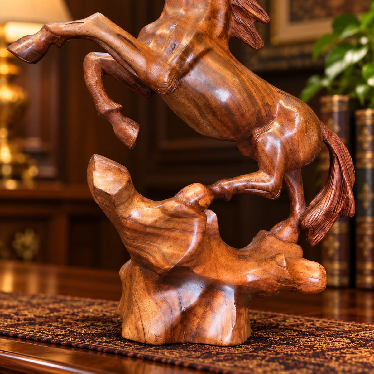 Side view of handcrafted wooden rearing horse statue with natural wood grain