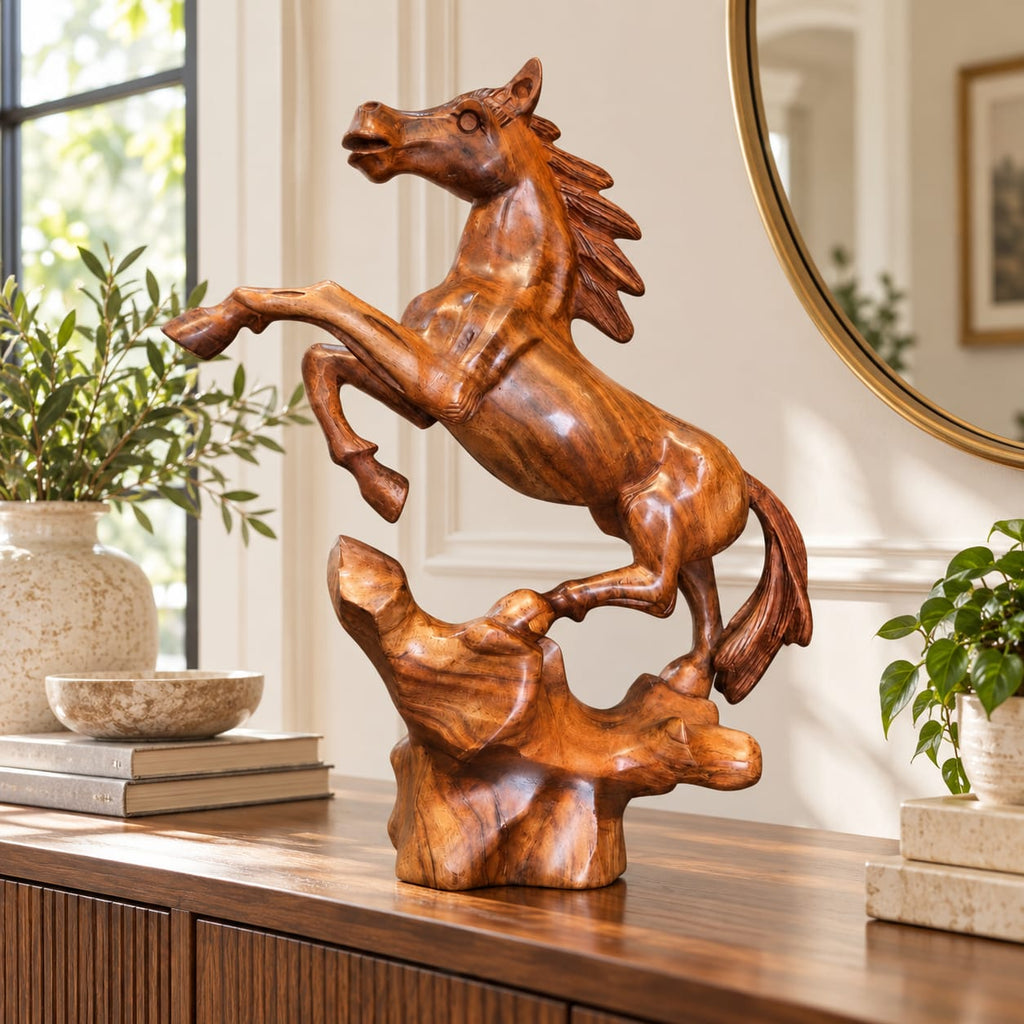 Decorative wooden rearing horse statue for home and office interiors