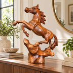Decorative wooden rearing horse statue for home and office interiors