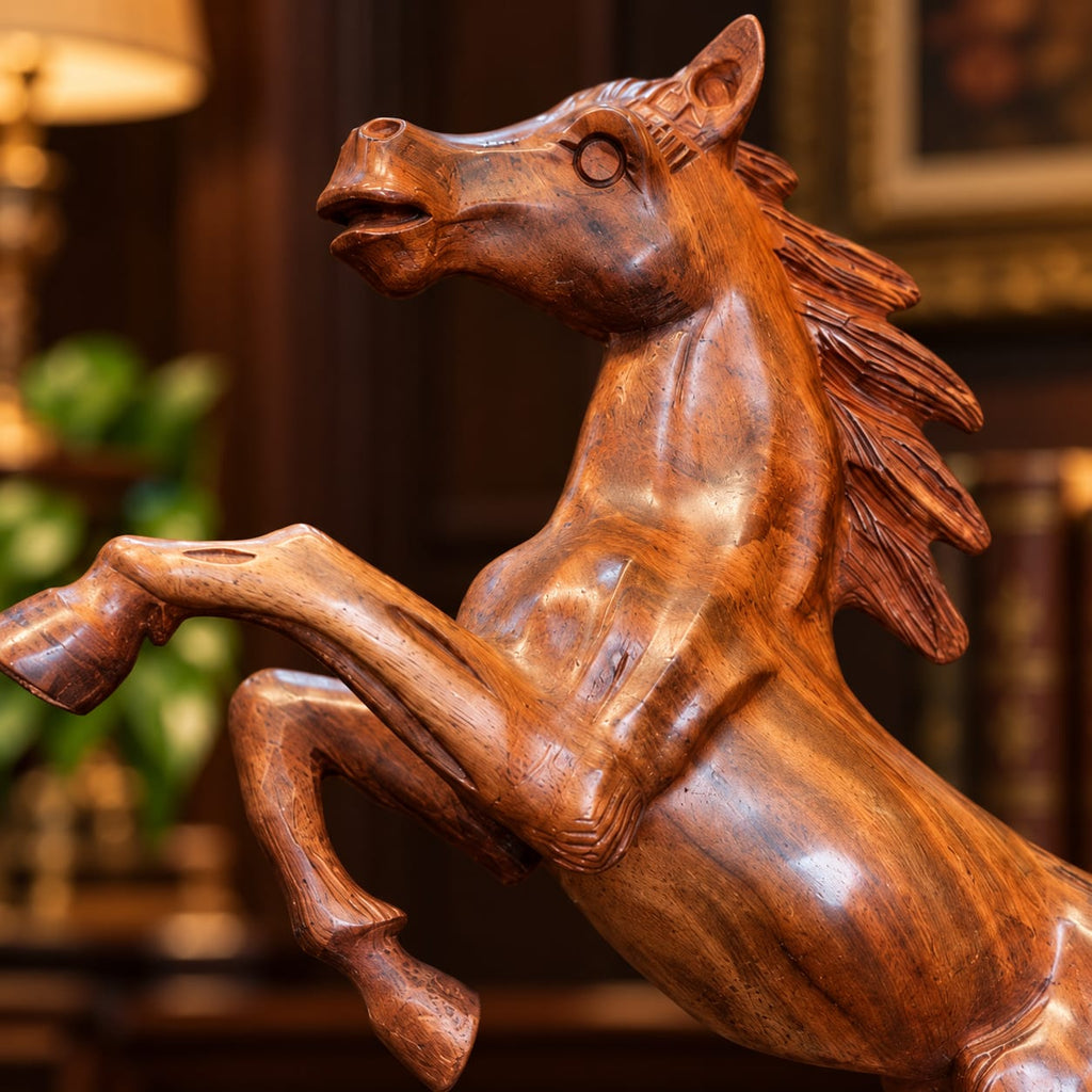 Handcrafted wooden horse statue in rearing pose on sculpted wooden base