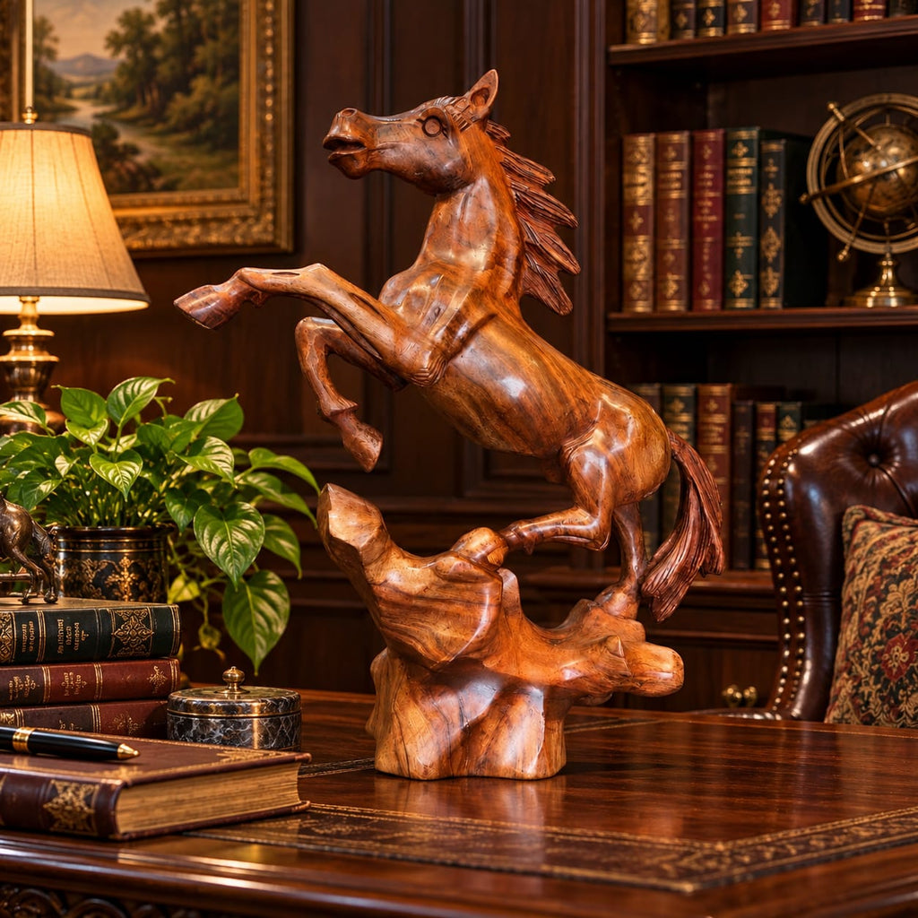 Premium wooden horse sculpture showing carved mane and raised forelegs
