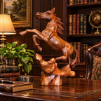 Premium wooden horse sculpture showing carved mane and raised forelegs