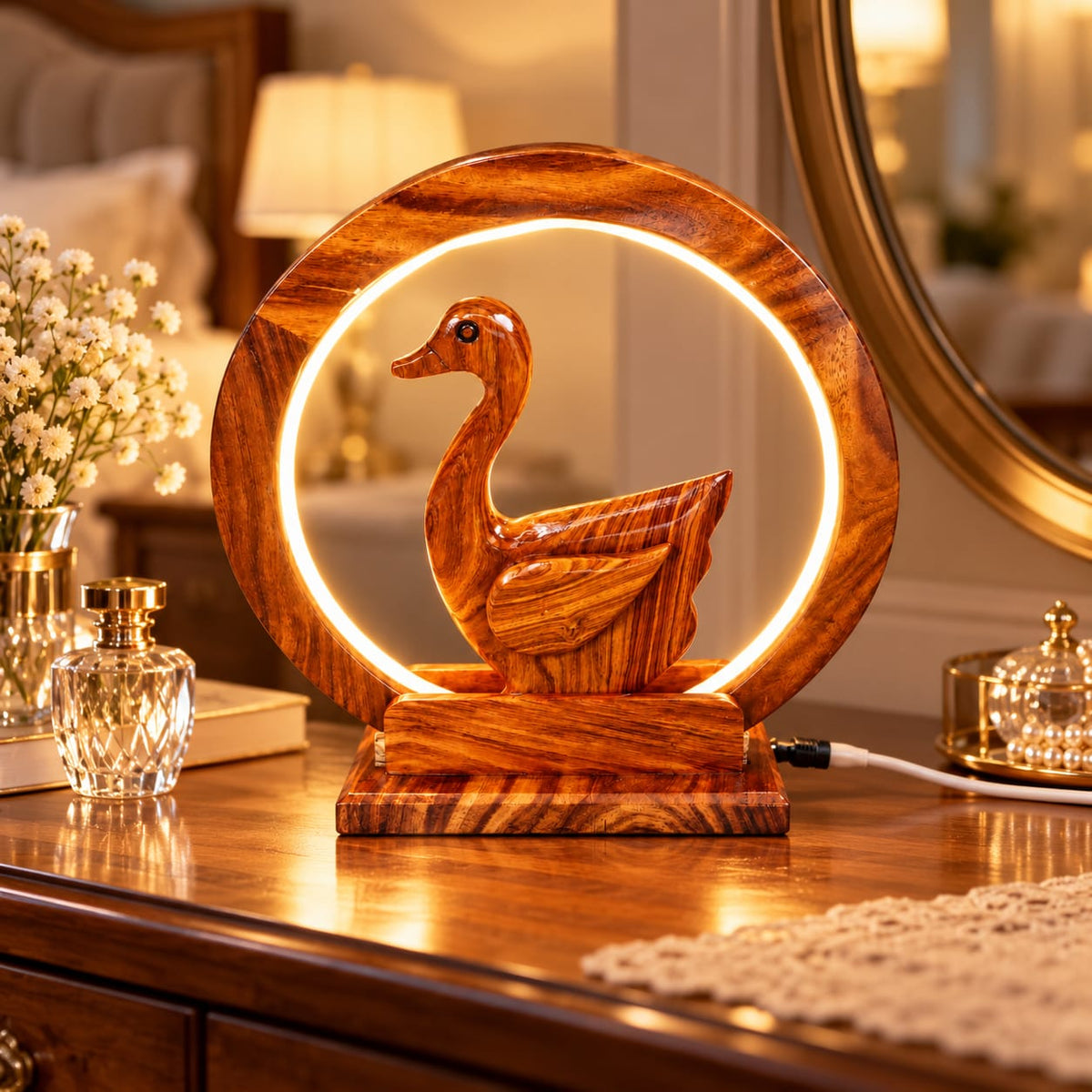 Decorative wooden duck lamp with natural wood grain