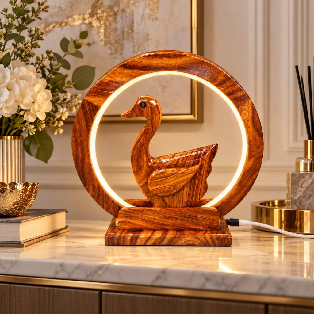 Handcrafted wooden duck lamp with warm circular light