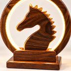 Handcrafted wooden horse lamp with illuminated circular frame