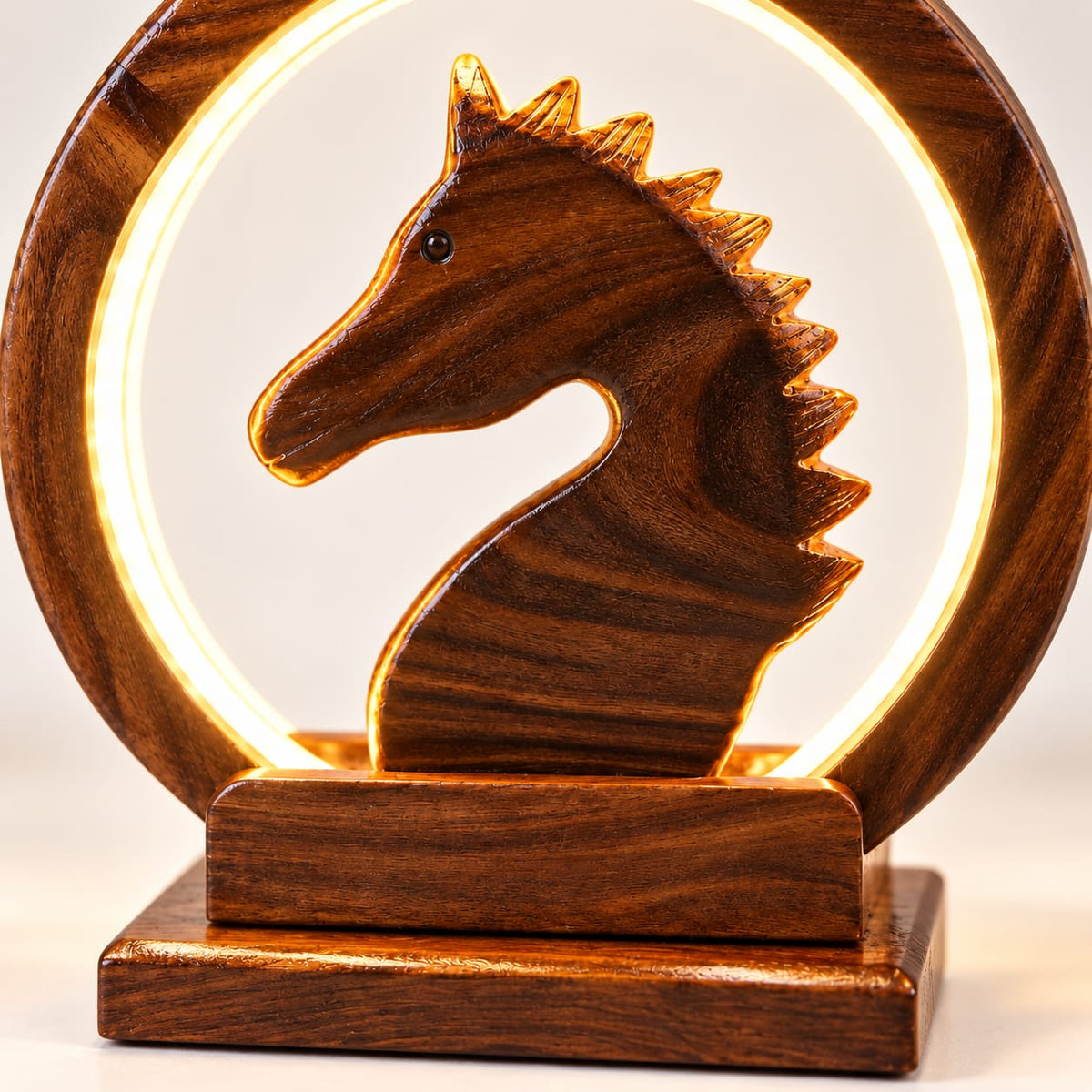 Handcrafted wooden horse lamp with illuminated circular frame