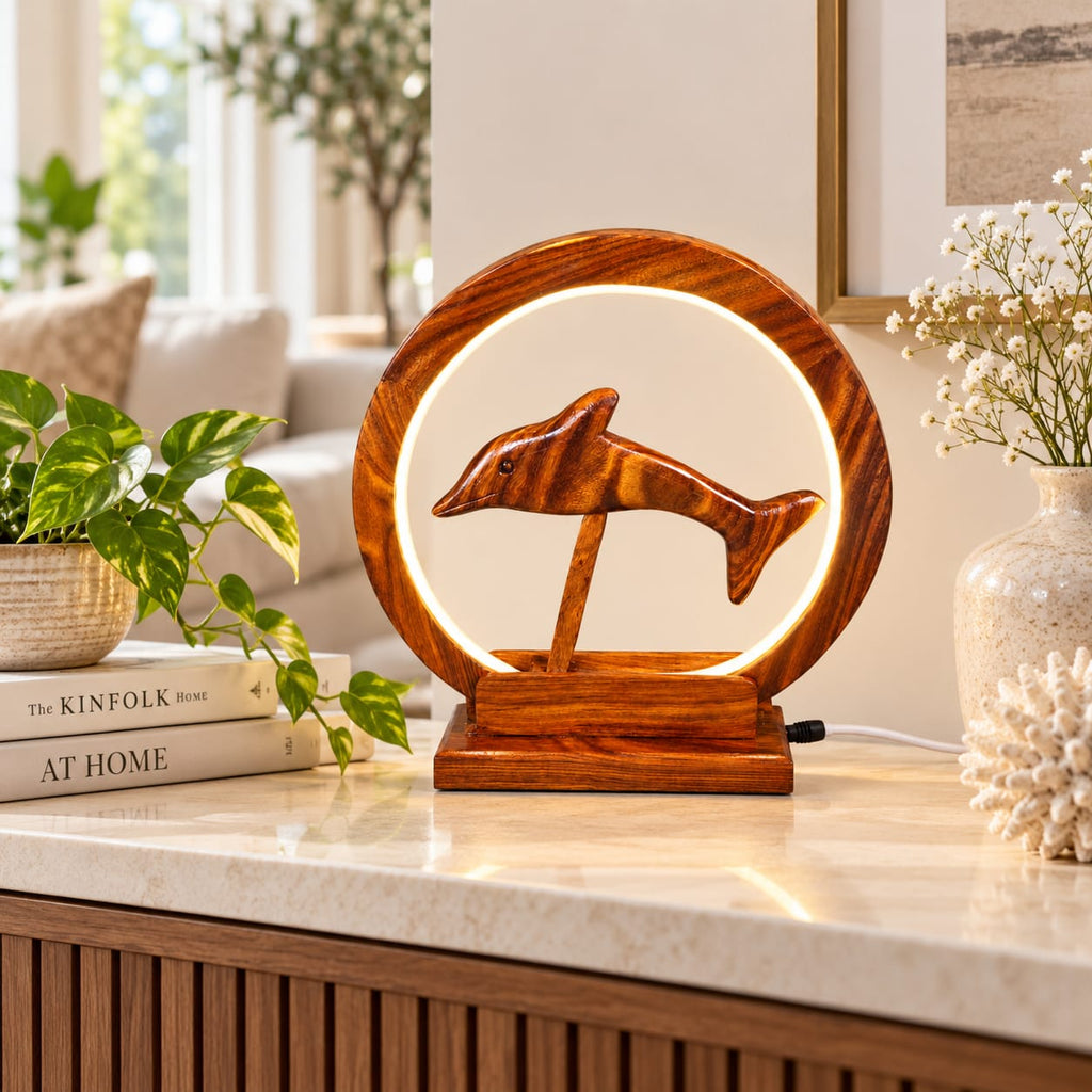 Wooden dolphin table lamp for coastal home decor