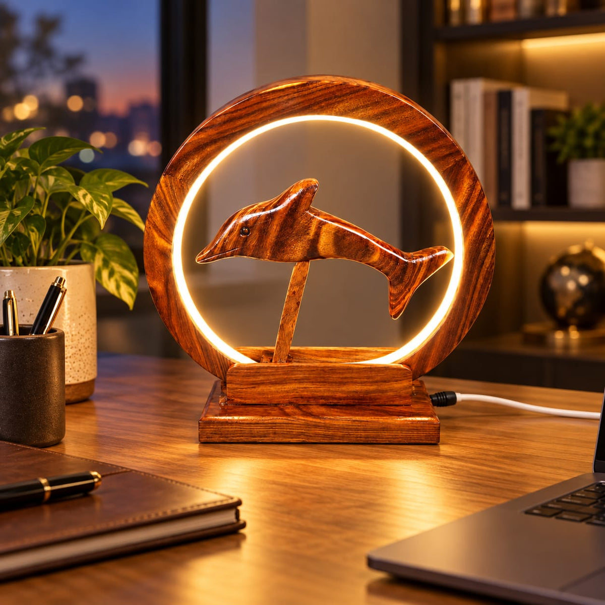 Decorative wooden dolphin lamp with ocean-inspired design