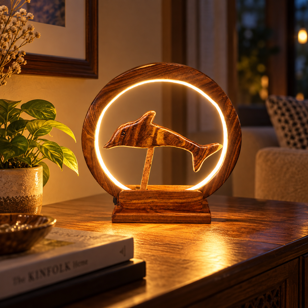 Handcrafted wooden dolphin lamp with warm circular table light
