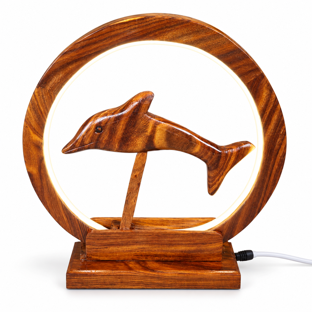 Handcrafted wooden dolphin lamp on white background
